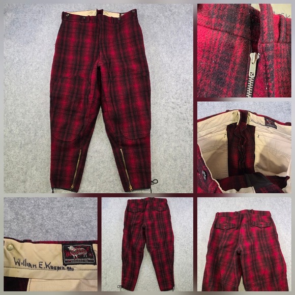 Vintage Woolrich Pants Mens 34x28 Red Plaid Wool Flannel Snow Hunting Winter